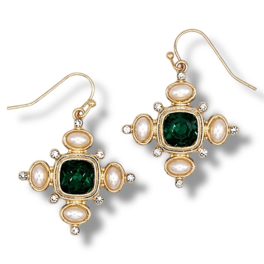 Cross Fashion Gold Tone Earrings with Green, Simulated Pearl, and Crystal Stones